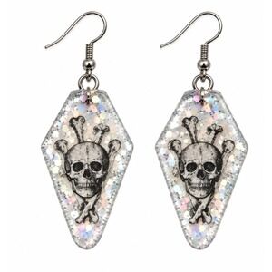Dangle Clear Coffin Skull Resin Earrings Silver Glitter Goth Halloween OOAK